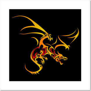 Flying Dragon in Tattoo/Tribal Style, Gold with Red accents Posters and Art